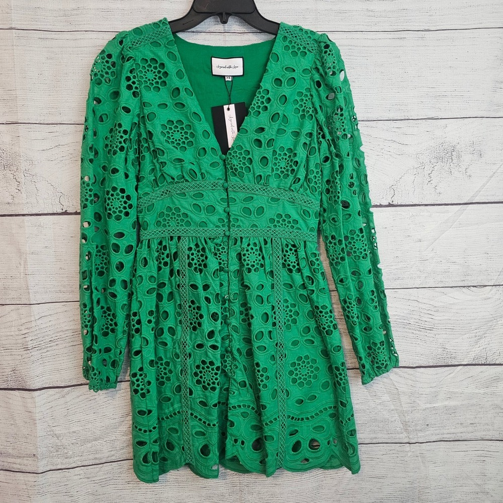 Layered With Love XS Kelly Green Emboidered Floral Eyelet Long Sleeve Dress 1197